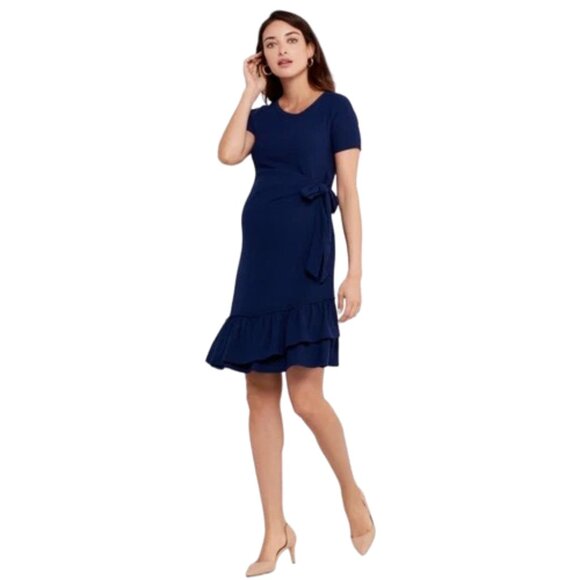 A Pea in the Pod Maternity Dark Blue Side Tie Ruffle Hem Midi Dress Size Small - Picture 1 of 9